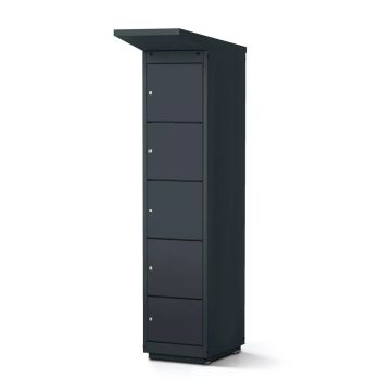 Vue latérale du casier de chargement de batterie de vélo Lockeel avec quatre compartiments et serrure à monnaie, fermé et dans un environnement neutre.