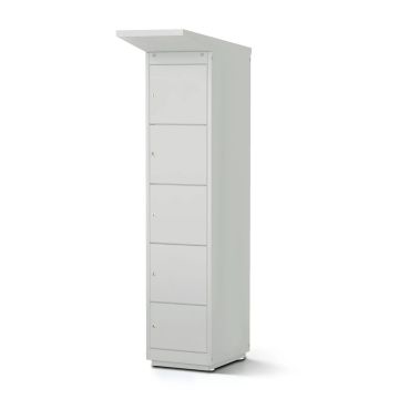 Vue latérale du casier de chargement de batterie de vélo Lockeel avec quatre compartiments et une serrure à clé, fermé et prêt à l'emploi.