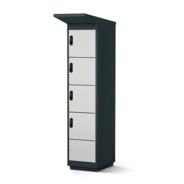 Vue latérale du casier de chargement de batterie de vélo Lockeel avec quatre compartiments et serrures à code électronique.