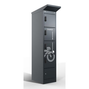 Vue de face inclinée du casier de chargement de batterie de vélo Lockeel avec quatre compartiments, équipé de serrures à code électronique et d'une impression de vélo frappante.