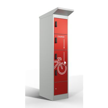 Photo studio en vue de trois quarts du casier de chargement de batterie de vélo Lockeel à quatre compartiments rouges, équipés de serrures à code électronique et d'icônes.