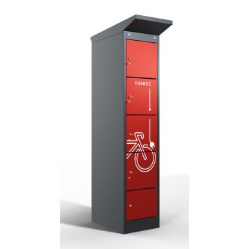 Photo studio du casier de chargement de batterie de vélo Lockeel avec quatre compartiments rouges, équipés de serrures à clé et d'une icône de chargement blanche sur le devant.