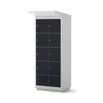 Vue latérale du casier de chargement de batterie de vélo Lockeel avec 8 compartiments et serrure à clé, fermé et prêt à l'emploi.