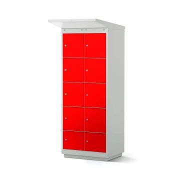 Vue de face du casier de chargement de batterie de vélo Lockeel avec huit compartiments et serrure à monnaie, dans une palette de couleurs rouge et blanche saisissante.