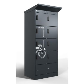 Photo en studio du casier de chargement de batterie de vélo Lockeel à huit compartiments, vue frontale en diagonale avec icône de chargement clairement visible sur les portes fermées.