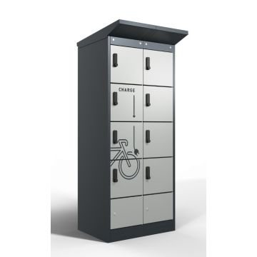 Vue de face inclinée du casier de chargement de batterie de vélo Lockeel avec huit compartiments, équipé de serrures à code électronique et d'une icône de chargement frappante.