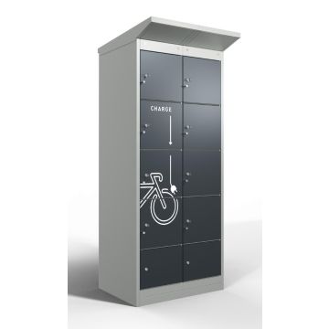 Photo en studio en vue oblique du casier de chargement de batterie de vélo Lockeel avec 8 compartiments, équipé de serrures à clé et d'une icône de chargement claire.