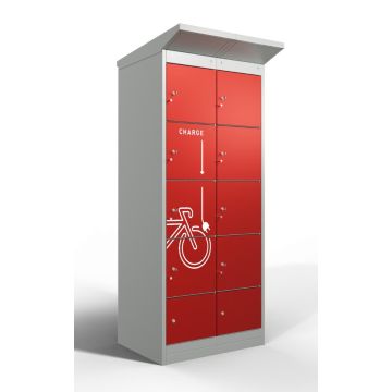 Vue avant inclinée du casier de chargement de batterie de vélo Lockeel avec huit compartiments rouges, équipés de serrures à clé et d'une icône blanche de chargement de vélo.