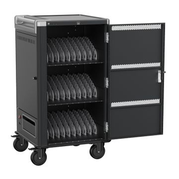 Photo studio du chariot pour ordinateur portable Ewent pour 30 ordinateurs portables, vue avant en pente avec porte ouverte et vue des trois compartiments internes avec parois de séparation.