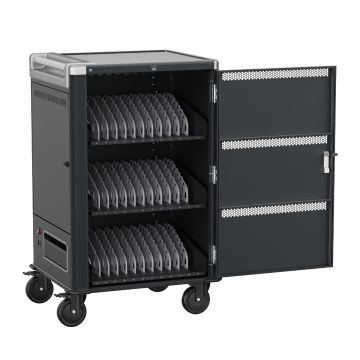Vue de face inclinée du chariot pour ordinateur portable Ewent ouvert pour 36 ordinateurs portables, avec vue sur les trois étagères internes et la porte métallique perforée.