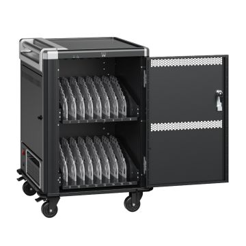 Chariot pour ordinateur portable Ewent ouvert pour 16 ordinateurs portables avec compartiments internes visibles, étagères numérotées et porte verrouillable dans une configuration studio.