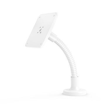 Vue latérale du support de table Compulocks Flex VESA en blanc avec bras flexible.