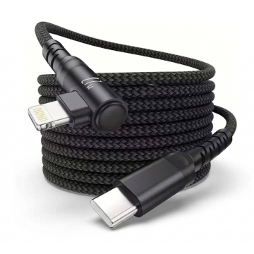 Vue détaillée du connecteur Torvik USB-C vers Lightning à angle droit avec un câble tressé noir.