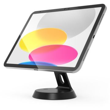 Vue latérale du support de table Compulocks GlideTab en noir, avec une tablette utilisée sur un fond moderne.