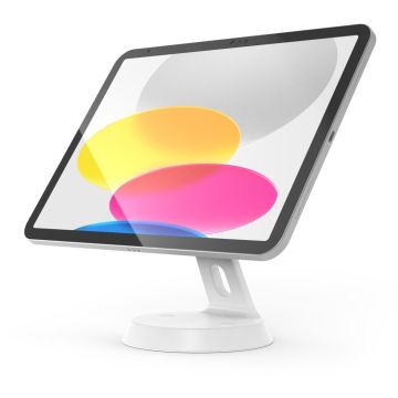 Vue oblique du support de table Compulocks GlideTab en blanc, avec une tablette montée et un fond coloré.