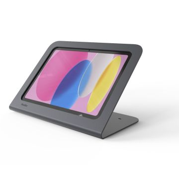 Vue latérale du support de tablette Heckler Design Windfall pour iPad 10,9 pouces, avec un écran coloré visible.
