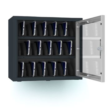 Armoire de rangement téléphonique Open Lockeel pour 30 téléphones avec serrure à clé, où les compartiments contenant les smartphones rangés sont clairement visibles dans l'armoire.
