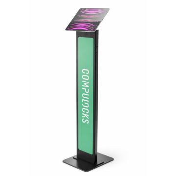 Vue latérale du support de sol pour tablette Compulocks BrandMe Invisible avec une base verte et un support de tablette.