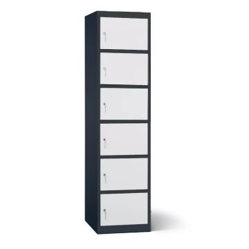 Vue latérale du casier de chargement de batterie Lockeel avec 6 compartiments et serrure à clé, fermé et monté.