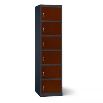 Vue latérale du casier de chargement de batterie Lockeel avec six compartiments fermés et serrure à clé.