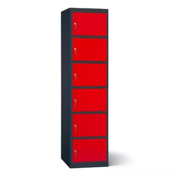 Vue latérale du casier de chargement de batterie Lockeel avec six compartiments et serrure à clé, avec portes rouges frappantes.