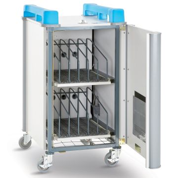 Vue avant ouverte du chariot pour ordinateur portable LapCabby 10V, montrant les deux niveaux internes avec séparateurs pour stocker dix ordinateurs portables.