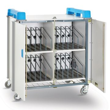 Vue de face du chariot pour ordinateur portable LapCabby 20 V ouvert, montrant clairement les compartiments internes et les séparateurs métalliques pour 20 appareils.