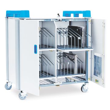 Photo en studio du chariot pour ordinateur portable LapCabby 32 V avec les portes ouvertes, révélant les compartiments internes et les supports de stockage pour ordinateurs portables et Chromebooks.