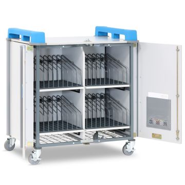 Vue de face du chariot pour ordinateur portable LapCabby 36 V ouvert avec quatre compartiments et séparateurs métalliques pour ranger 36 ordinateurs portables et Chromebooks.