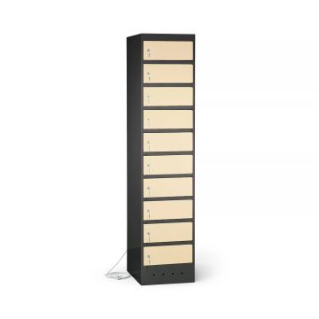 Vue latérale du casier de chargement pour ordinateur portable Lockeel avec 10 compartiments, avec portes fermées et un câble en bas.