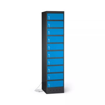 Vue latérale du casier de chargement pour ordinateur portable Lockeel avec 10 compartiments, équipé de serrures à clé et d'un détail de gestion des câbles.