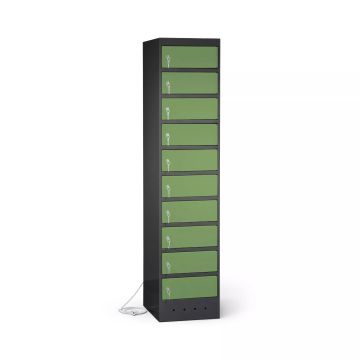 Vue latérale du casier de chargement pour ordinateur portable Lockeel avec 10 compartiments et serrure à clé, avec portes vertes visibles et gestion des câbles.