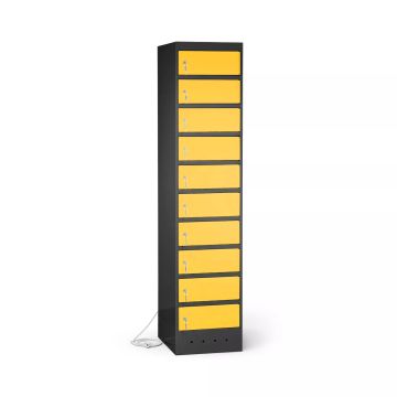 Vue latérale du casier de chargement pour ordinateur portable Lockeel avec 10 compartiments et serrure à clé, avec portes jaunes et passe-câbles en bas.