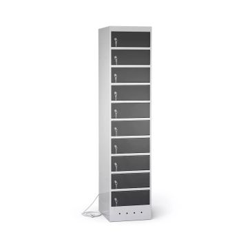 Vue latérale du casier de chargement pour ordinateur portable Lockeel avec 10 compartiments et serrure à clé, avec trous de serrure et gestion des câbles visibles.