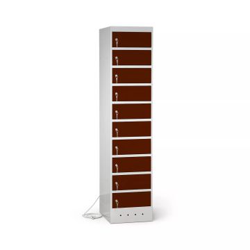Vue latérale du casier de chargement pour ordinateur portable Lockeel avec 10 compartiments et serrure à clé, avec compartiments fermés visibles.