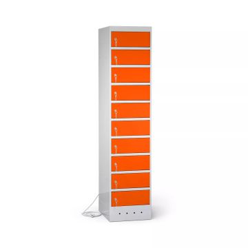 Vue latérale du casier de chargement pour ordinateur portable Lockeel avec 10 compartiments orange et blanc, avec serrure à clé et gestion des câbles.