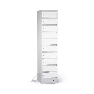 Vue latérale du casier de chargement pour ordinateur portable Lockeel à 10 compartiments, fermé par une serrure à clé.