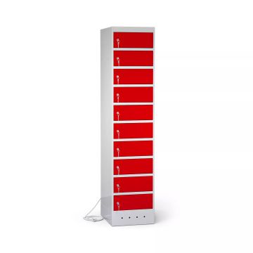 Vue latérale du casier de chargement pour ordinateur portable Lockeel avec 10 compartiments et serrure à clé, avec des portes rouges frappantes.