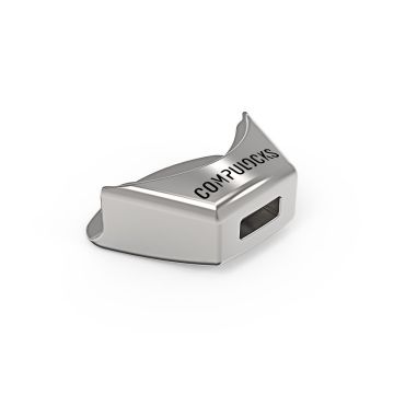 Photo du produit en studio de l'adaptateur de sécurité Compulocks Ledge pour MacBook Neo, présenté dans une vue inclinée avec le logo Compulocks visible.