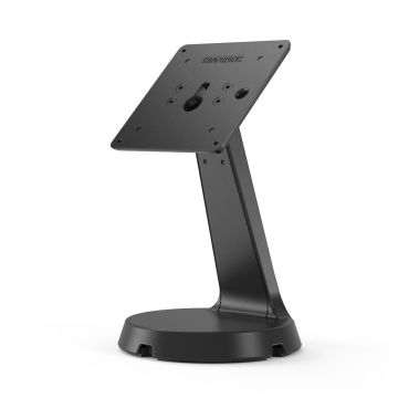 Vue latérale du support de table Compulocks Mast VESA noir avec une base robuste et une plaque de montage.