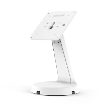 Vue latérale du support de table Compulocks Mast VESA blanc avec une base robuste et un support réglable.