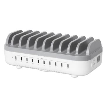 Vue latérale de la station de recharge Manhattan USB-C Power Delivery à 10 ports avec ports de charge visibles et disposition claire.