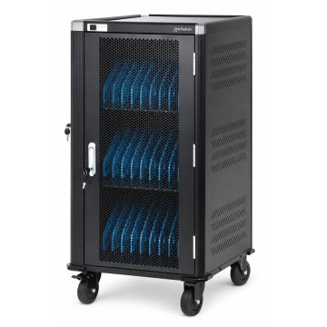 Vue latérale du chariot de recharge Manhattan AC avec compartiments ouverts pour 30 appareils, équipé d'un verrou et de roulettes pour la mobilité.