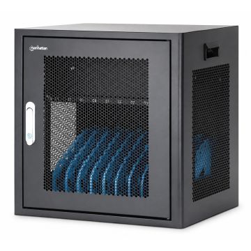Vue latérale de l'armoire de chargement Manhattan AC avec compartiments de chargement ouverts pour 10 appareils jusqu'à 16 pouces.