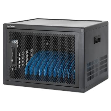 Vue latérale de l'armoire de chargement Manhattan USB-C avec compartiments ouverts pour 12 appareils et un verrou à code numérique.