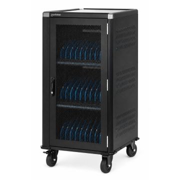 Vue latérale du chariot de chargement pour ordinateur portable Manhattan USB-C avec compartiments ouverts pour 30 ordinateurs portables jusqu'à 16 pouces.