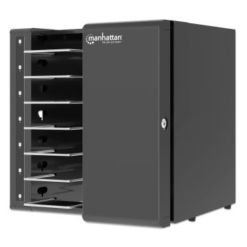 Vue latérale de l'armoire de chargement Manhattan USB-C avec compartiments ouverts pour 7 appareils.