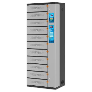 Vue latérale du casier de chargement Manhattan USB-C avec 11 compartiments et écran d'information.