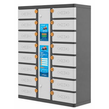 Vue de face du casier de chargement pour smartphone USB-C Manhattan avec 16 compartiments et indicateur LED.