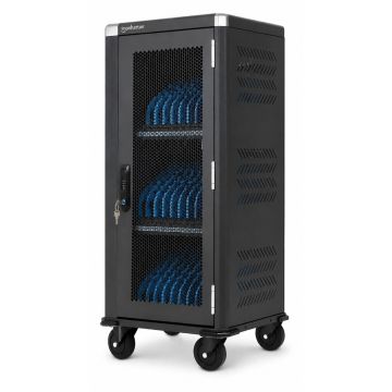 Vue latérale du chariot de chargement pour tablettes USB-C Manhattan avec compartiments de chargement ouverts pour 30 tablettes.